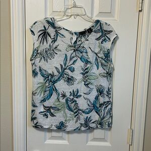 Tahari Linen Top with Blue and Green Floral Design